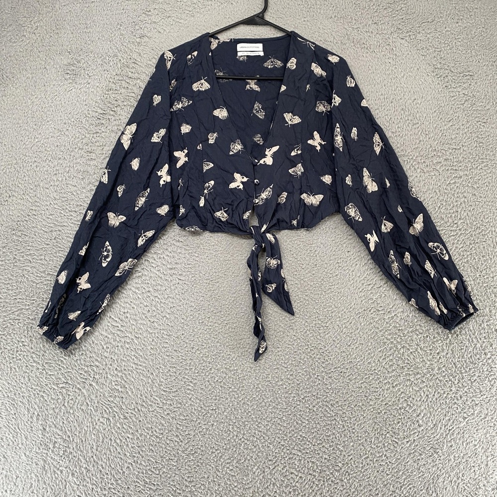 Urban Outfitters Crop Top Womens Small Blue Butterfly Print Tie Front Summer